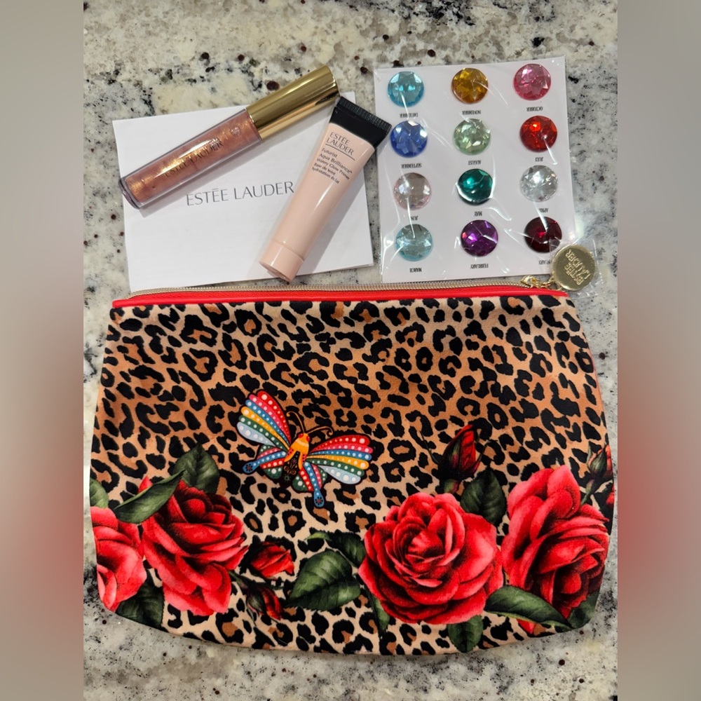 Estée Lauder Leopard Print Makeup Bag with primer and gloss NWOT